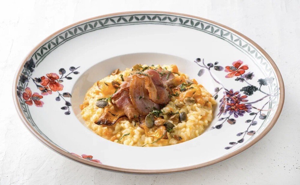 Ризотто с грудинкой, мускатной  тыквой и лигурийским шафраном