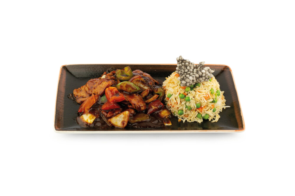 Ланч Свинина в соусе из черной фасоли с рисом с овощами