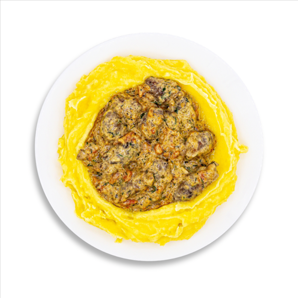 Куриные сердечки в сливочном соусе с пюре