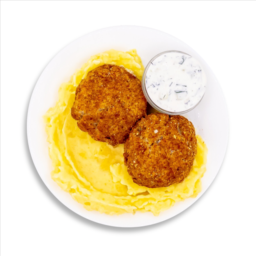 Фишкейки с пюре и соусом дзадзики