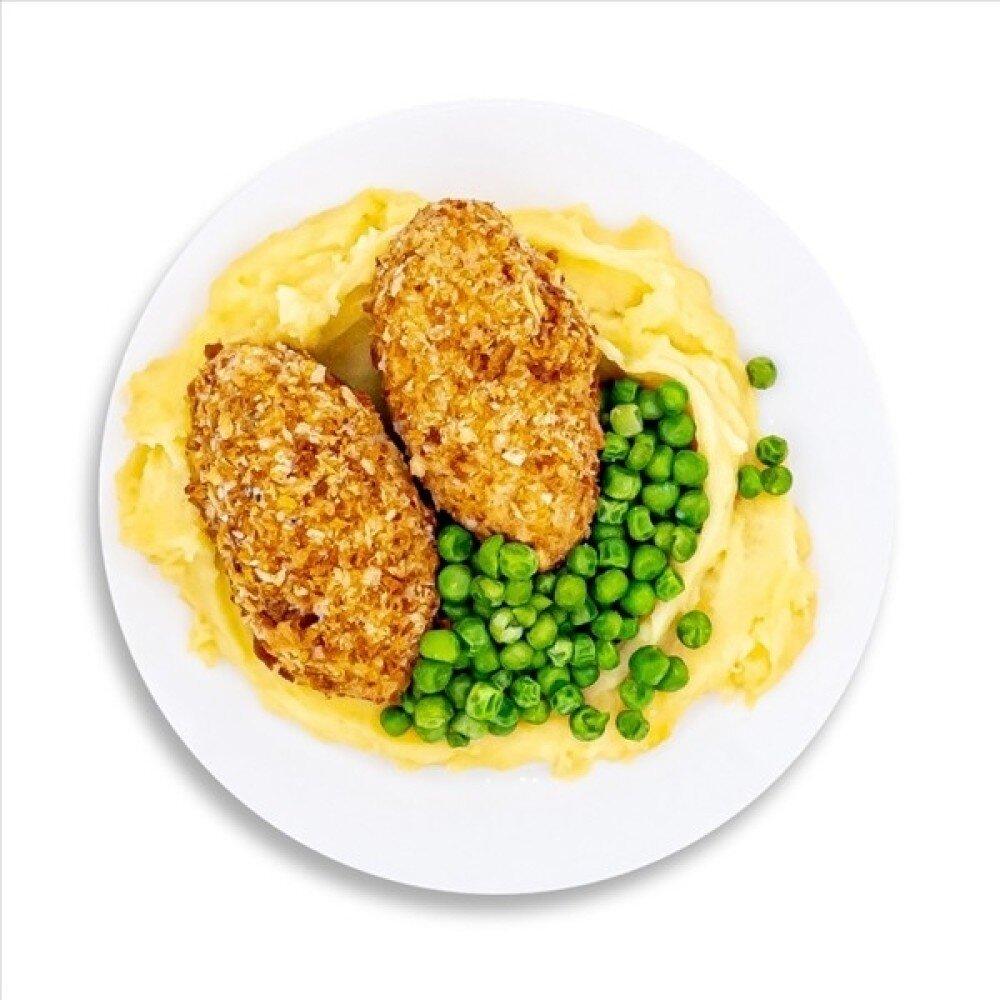 Куриные котлеты с пюре и зеленым горошком