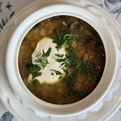 Грибная похлебка с рваным мясом
