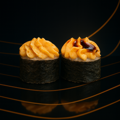 Ролл с креветкой и икорной шапкой