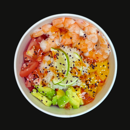 Поке с креветкой  и персиком на подушке из сыра