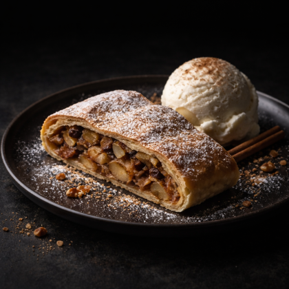 Штрудель с яблоком и шариком мороженого