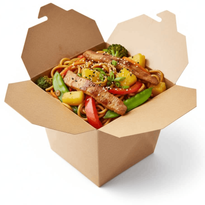 Вок со свининой, ананасом, соусом карри и яичной лапшой