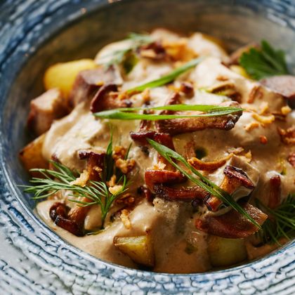 Жареный картофель с языком, лисичками и грибным соусом