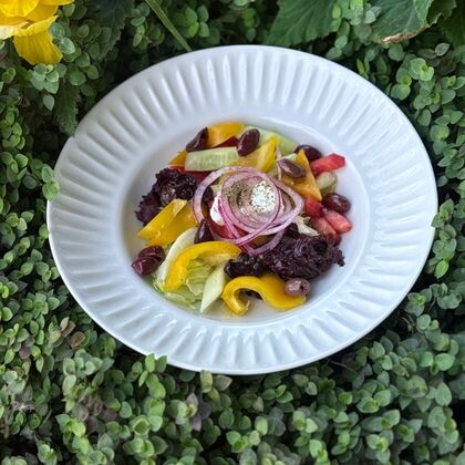 Греческий салат с сыром фета, орегано, маслинами и красным луком
