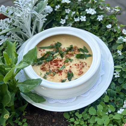 Крем-суп из брокколи с отварной уткой и зеленью