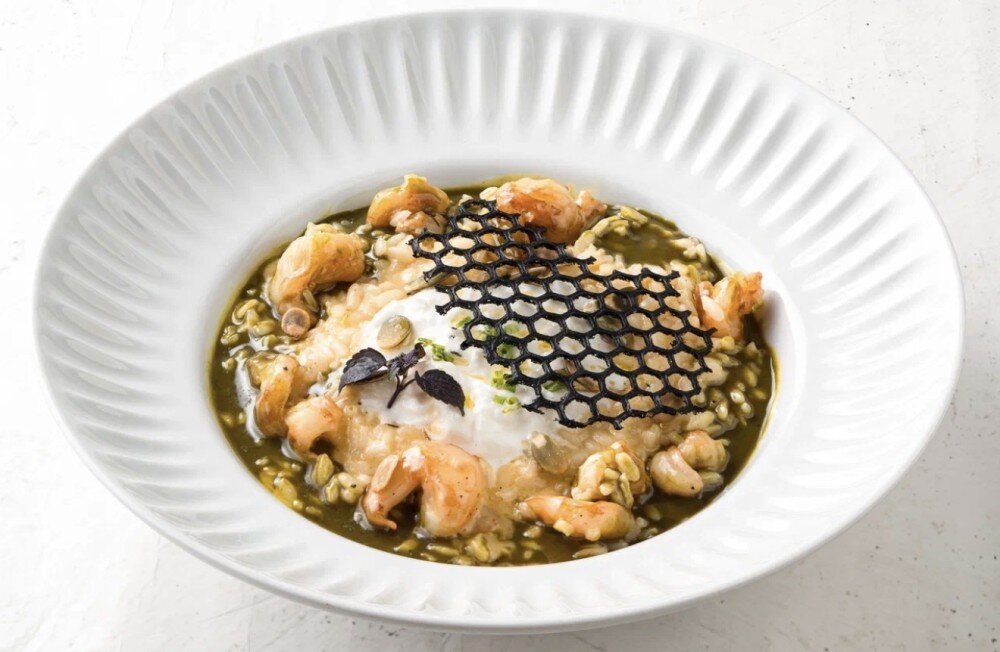 Ризотто с тыквенным урбечем, креветками и страчателлой