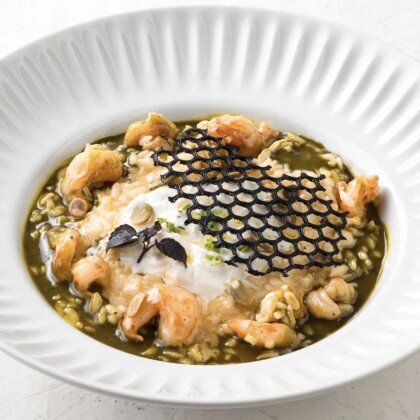 Ризотто с тыквенным урбечем, креветками и страчателлой